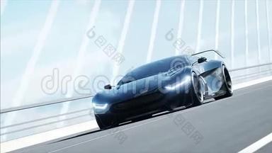 桥上黑色<strong>未来</strong>派汽车的三维模型。 开得很快。 <strong>未来</strong>的概念。 现实的4k动画。
